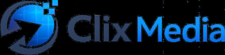 Clix Media logo featuring stylized letters with a golden diagonal line on black background